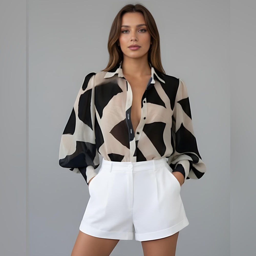 Geo Print Semi Sheer Blouse - Picture 1 of 10